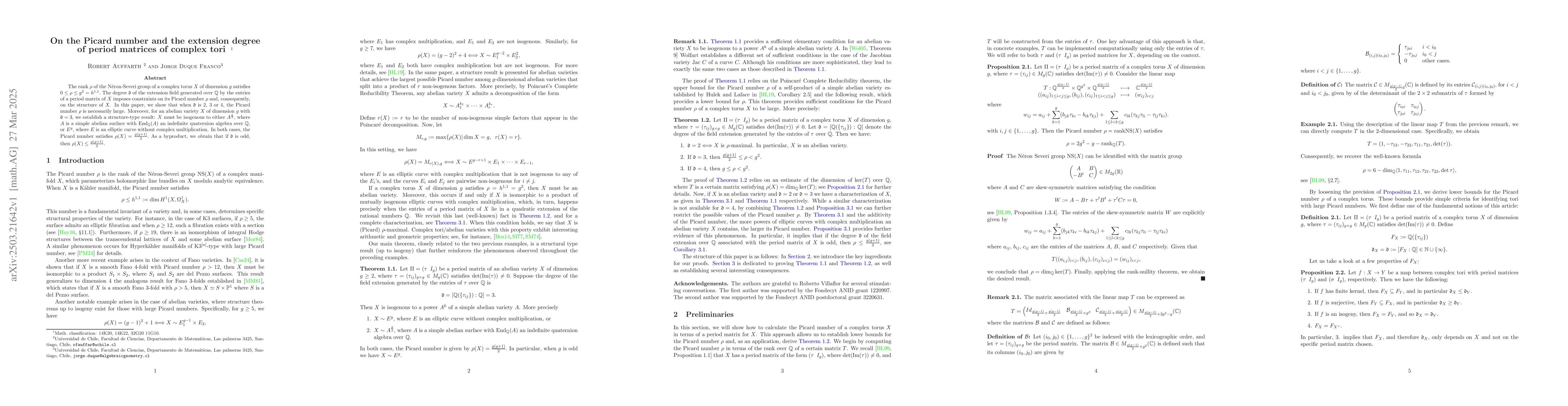 Thumbnail for On the Picard number and the extension degree of period matrices of
  complex tori