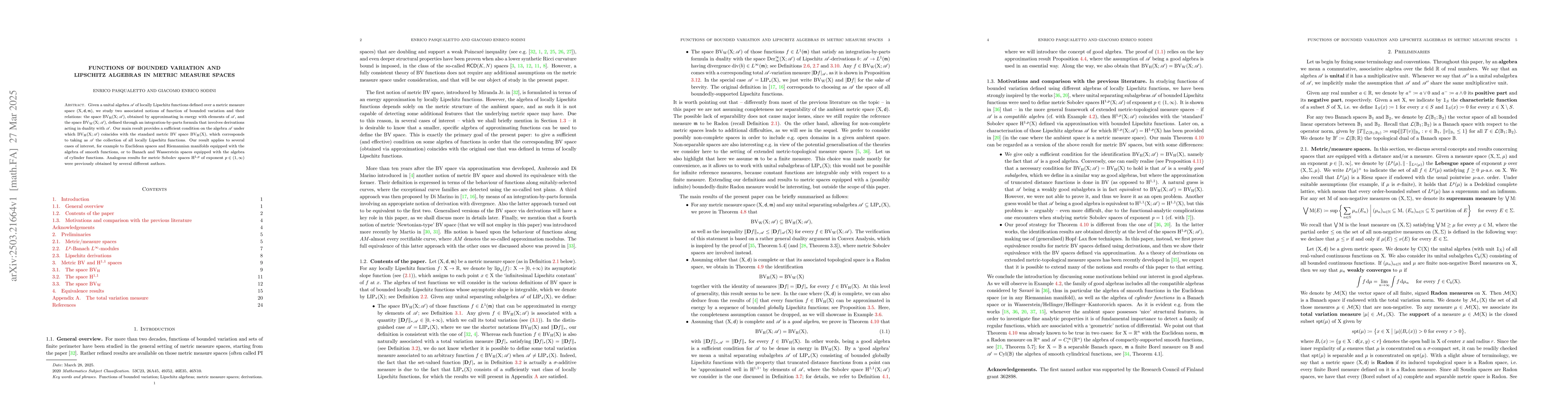 Thumbnail for Functions of bounded variation and Lipschitz algebras in metric measure
  spaces