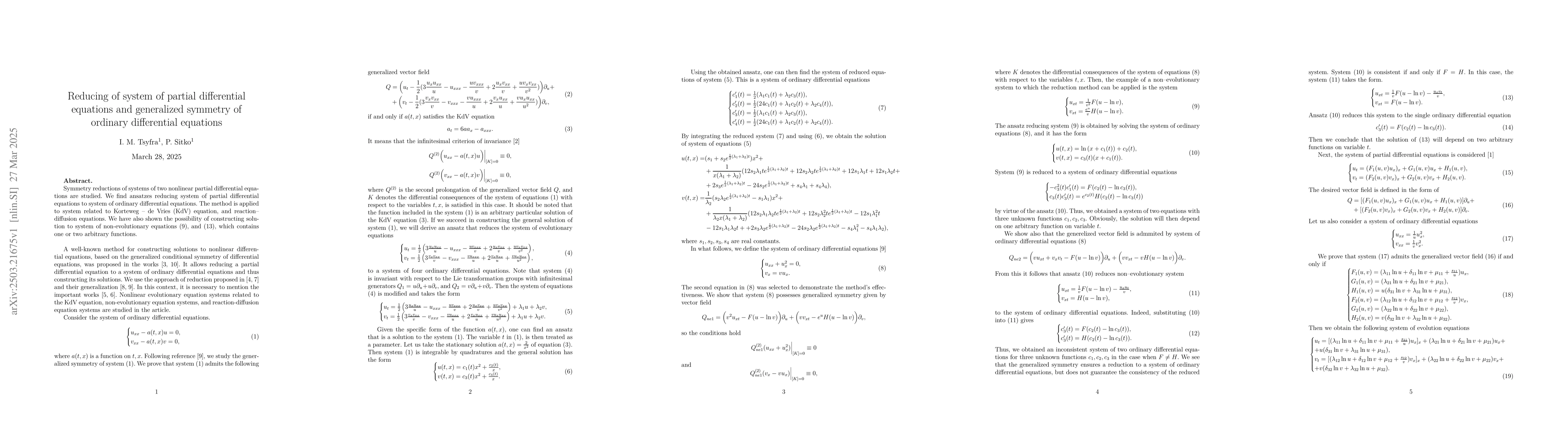 Thumbnail for Reducing of system of partial differential equations and generalized
  symmetry of ordinary differential equations