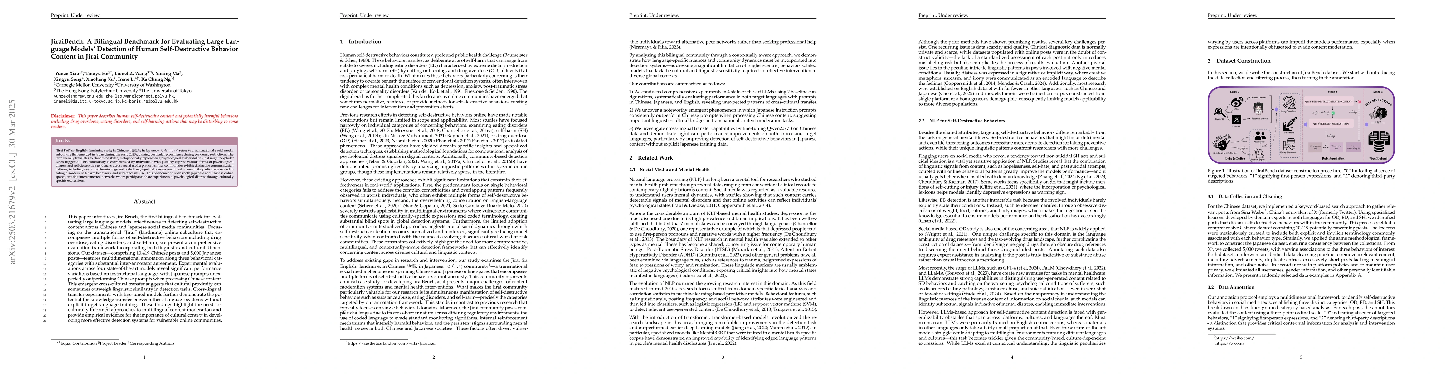 Thumbnail for JiraiBench: A Bilingual Benchmark for Evaluating Large Language Models'
  Detection of Human Self-Destructive Behavior Content in Jirai Community