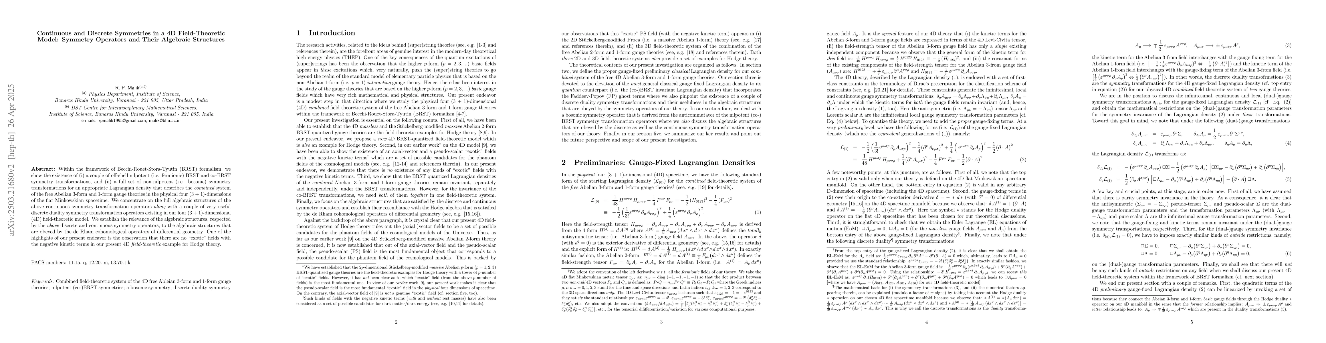 Thumbnail for Continuous and Discrete Symmetries in a 4D Field-Theoretic Model:
  Symmetry Operators and Their Algebraic Structures
