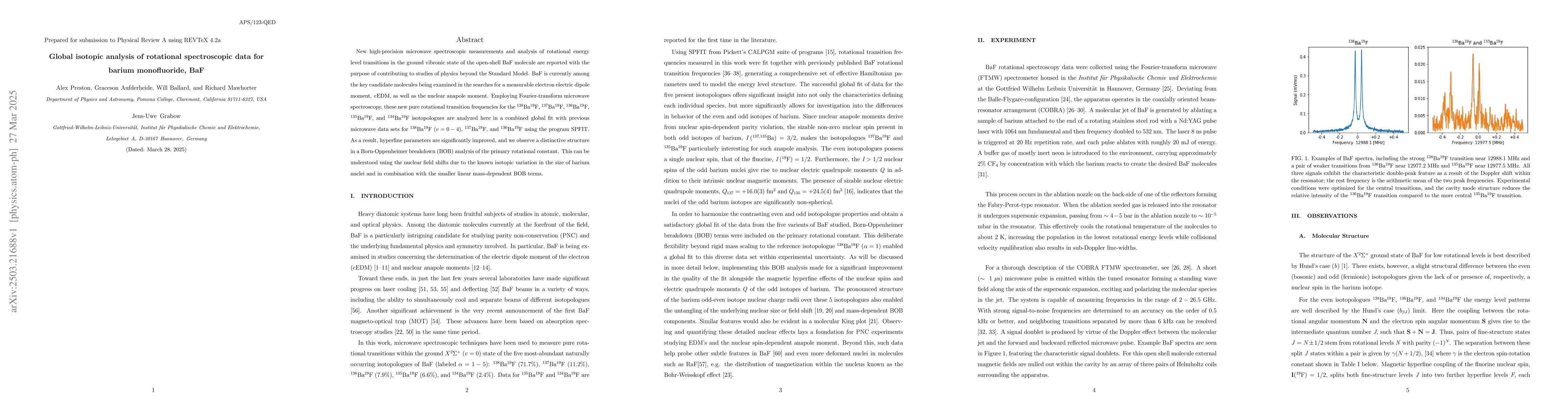 Thumbnail for Global isotopic analysis of rotational spectroscopic data for barium
  monofluoride, BaF
