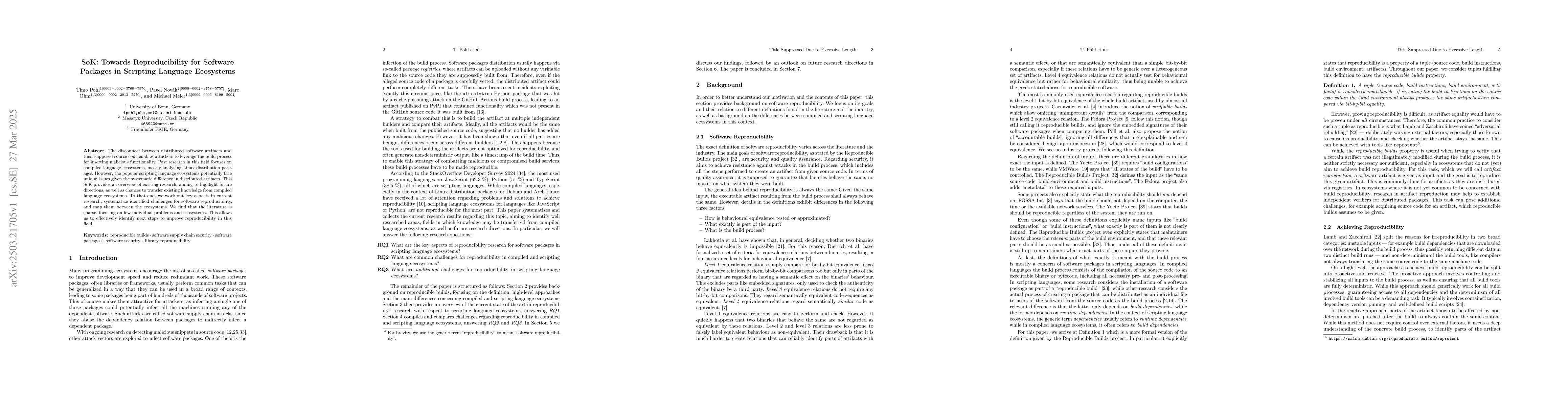 Thumbnail for SoK: Towards Reproducibility for Software Packages in Scripting Language
  Ecosystems