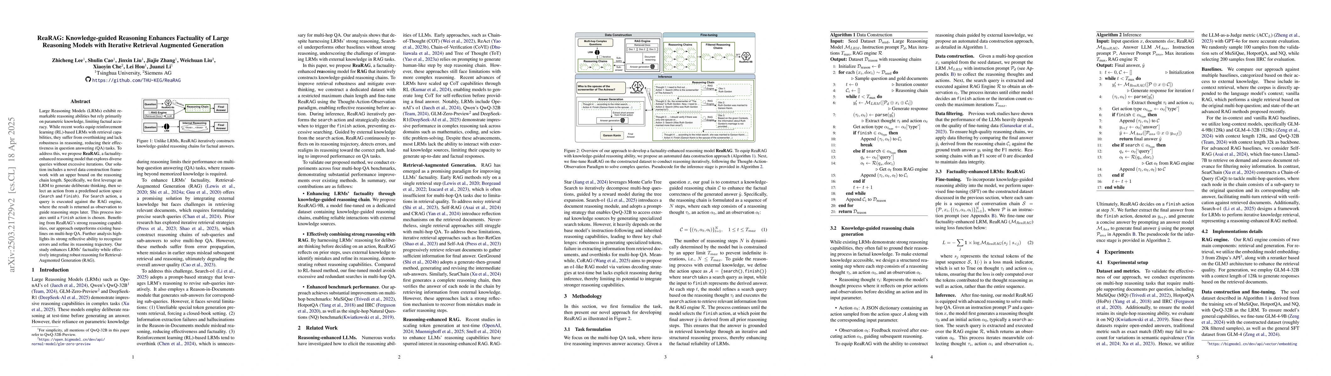 Thumbnail for ReaRAG: Knowledge-guided Reasoning Enhances Factuality of Large
  Reasoning Models with Iterative Retrieval Augmented Generation