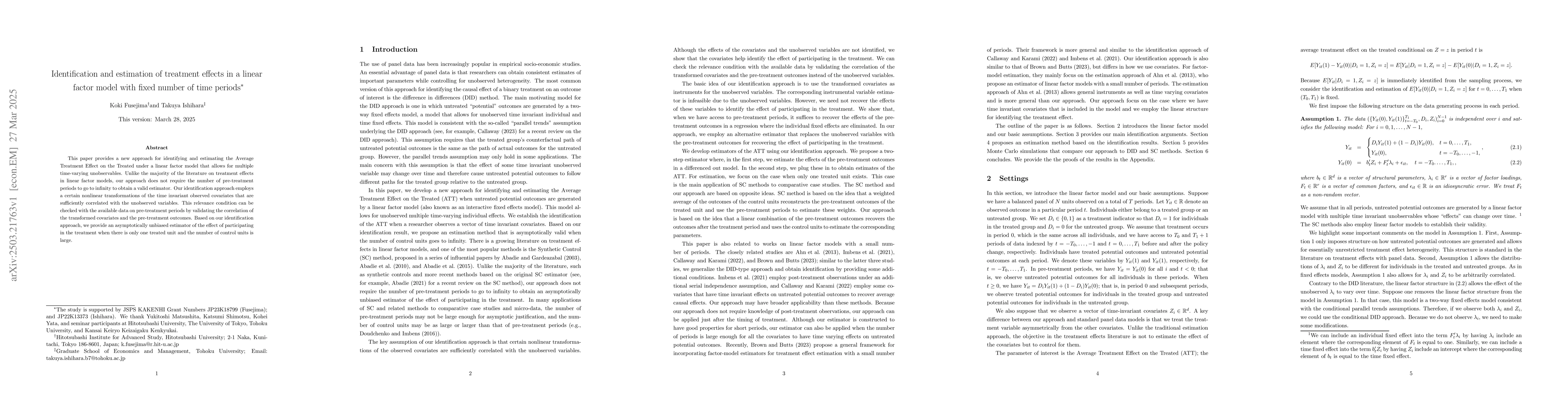 Thumbnail for Identification and estimation of treatment effects in a linear factor
  model with fixed number of time periods