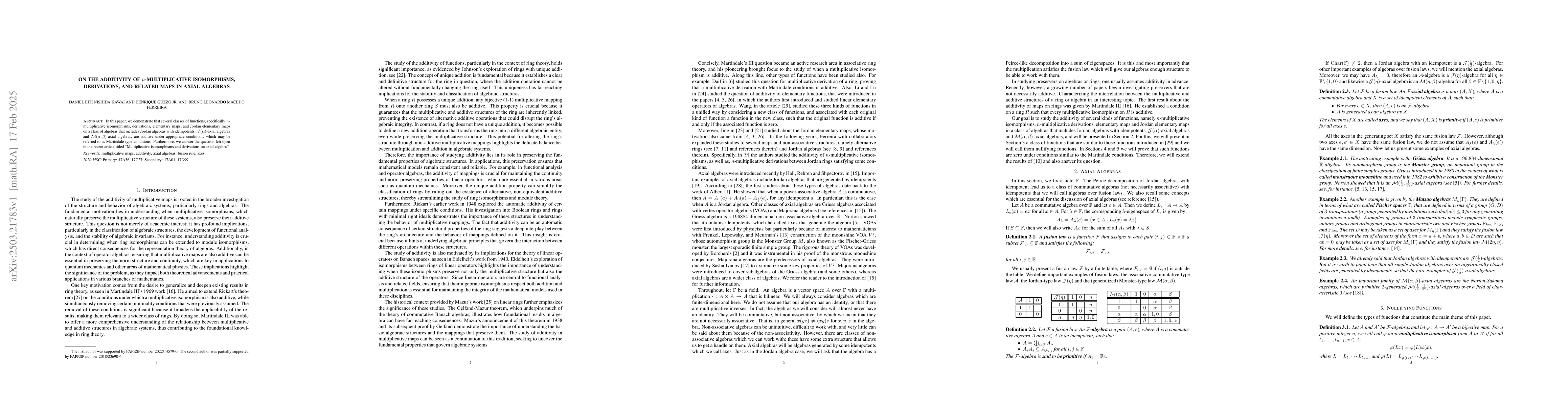 Thumbnail for On the additivity of n-multiplicative isomorphisms, derivations, and
  related maps in axial algebras