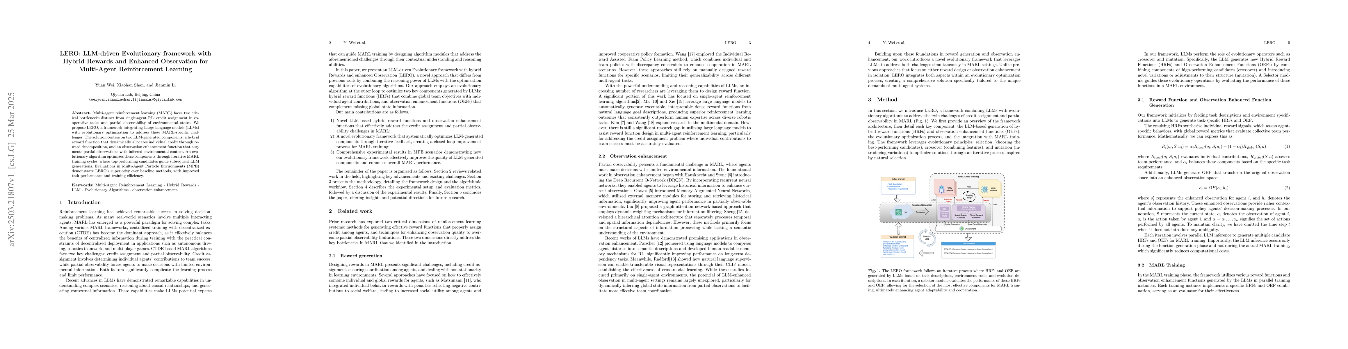 Thumbnail for LERO: LLM-driven Evolutionary framework with Hybrid Rewards and Enhanced
  Observation for Multi-Agent Reinforcement Learning