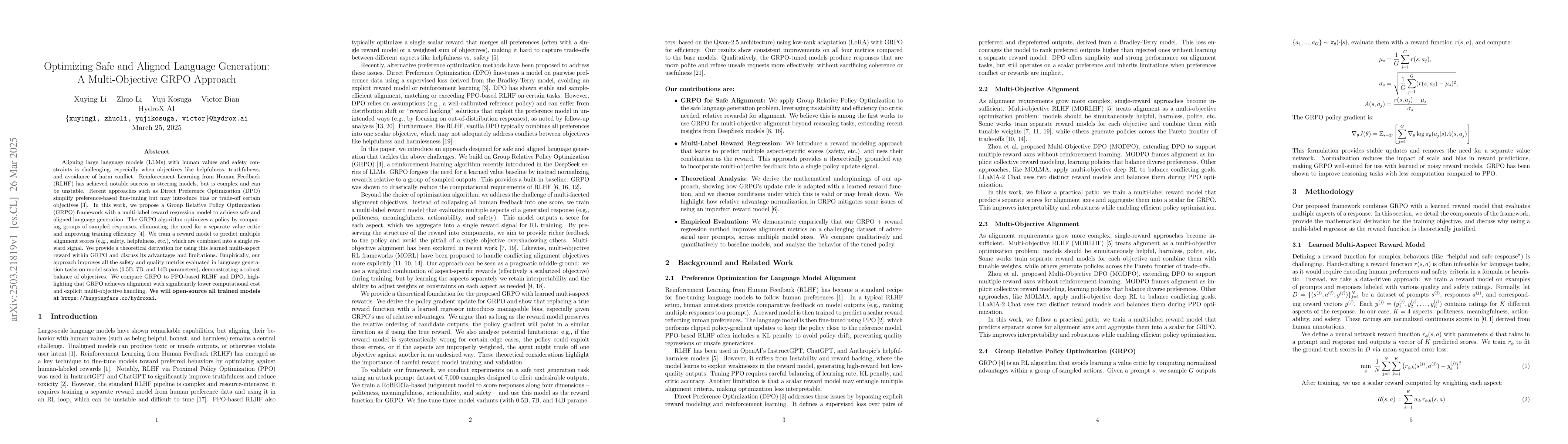 Thumbnail for Optimizing Safe and Aligned Language Generation: A Multi-Objective GRPO
  Approach