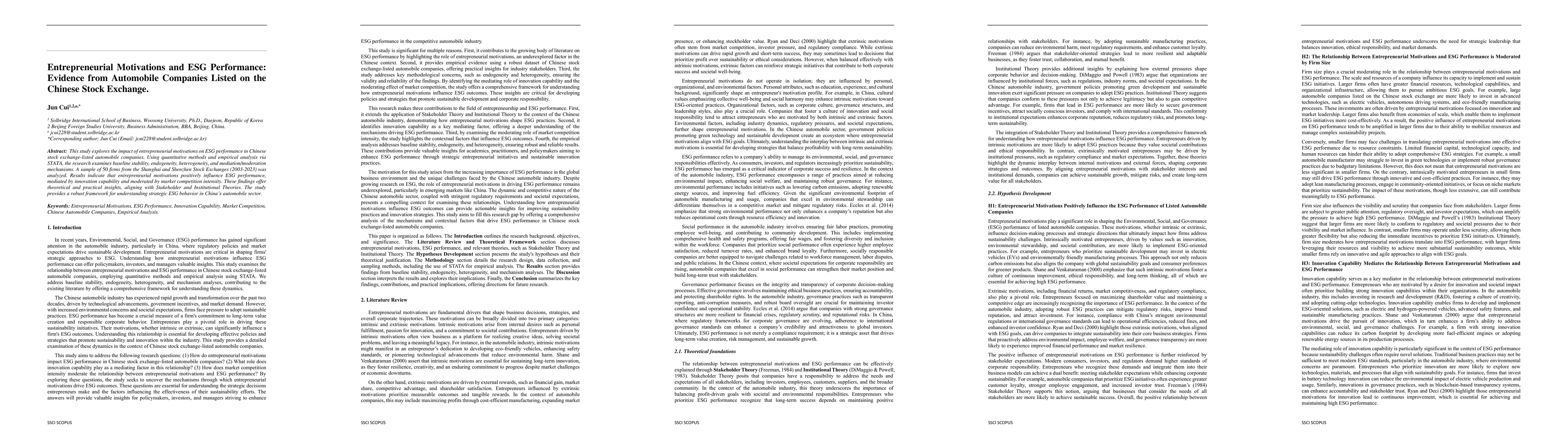 Thumbnail for Entrepreneurial Motivations and ESG Performance Evidence from Automobile
  Companies Listed on the Chinese Stock Exchange