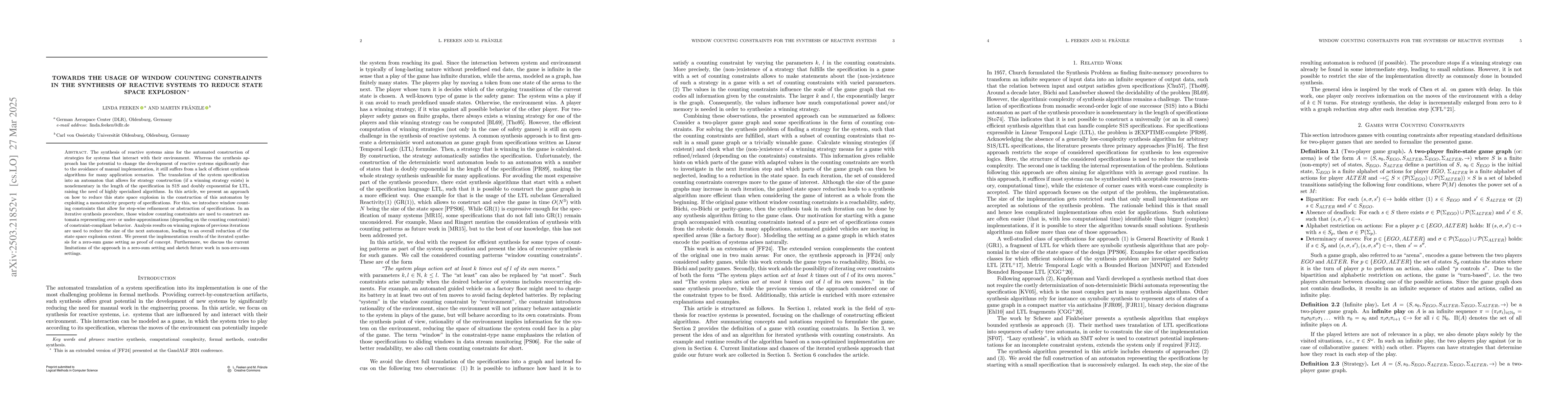 Thumbnail for Towards the Usage of Window Counting Constraints in the Synthesis of
  Reactive Systems to Reduce State Space Explosion