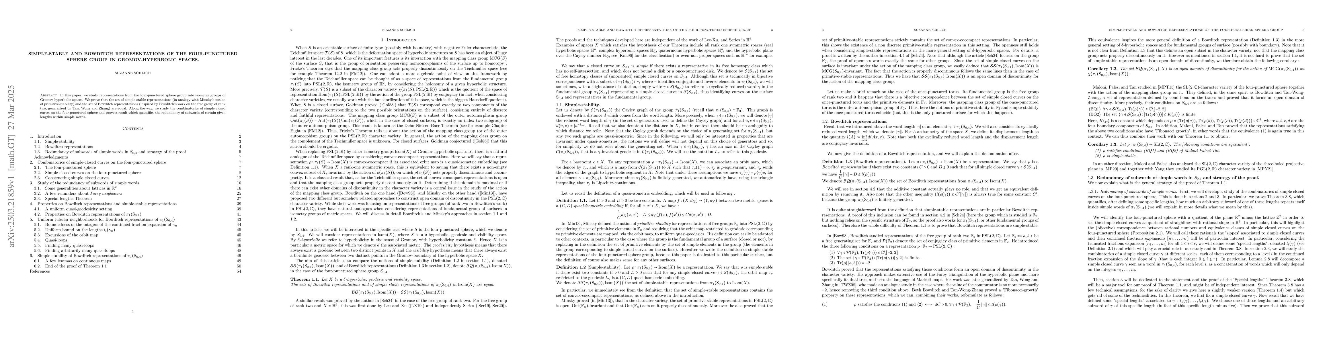 Thumbnail for Simple-stable and Bowditch representations of the four-punctured sphere
  group in Gromov-hyperbolic spaces