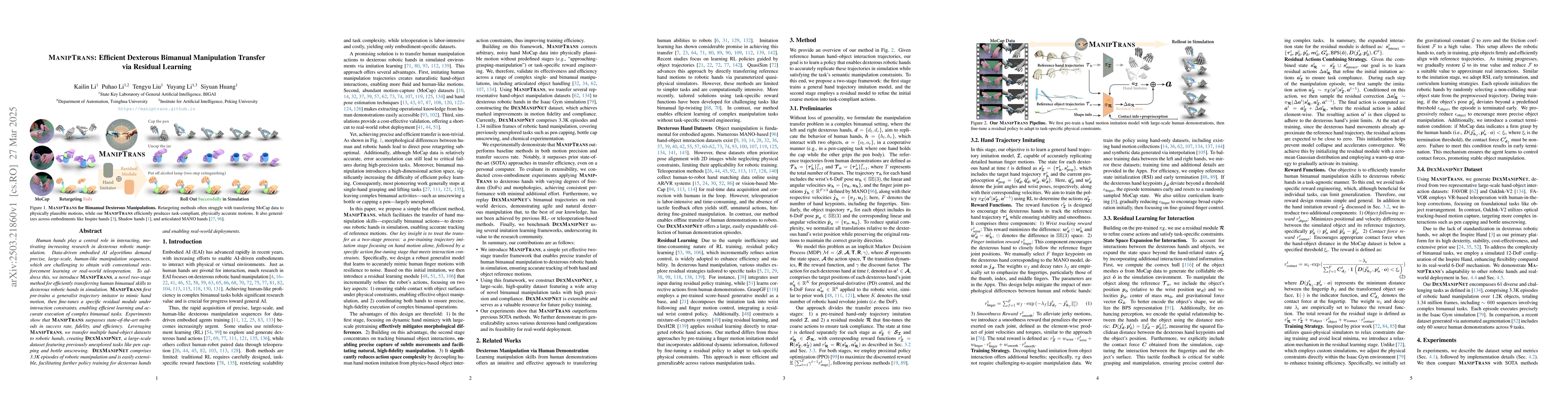 Thumbnail for ManipTrans: Efficient Dexterous Bimanual Manipulation Transfer via
  Residual Learning