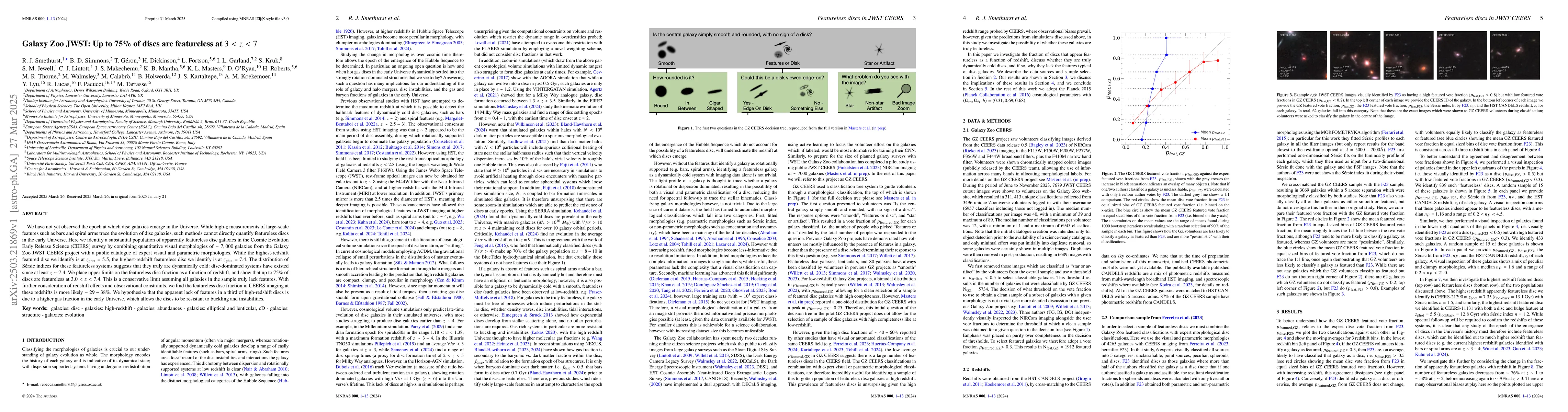 Thumbnail for Galaxy Zoo JWST: Up to 75% of discs are featureless at $3<z<7$