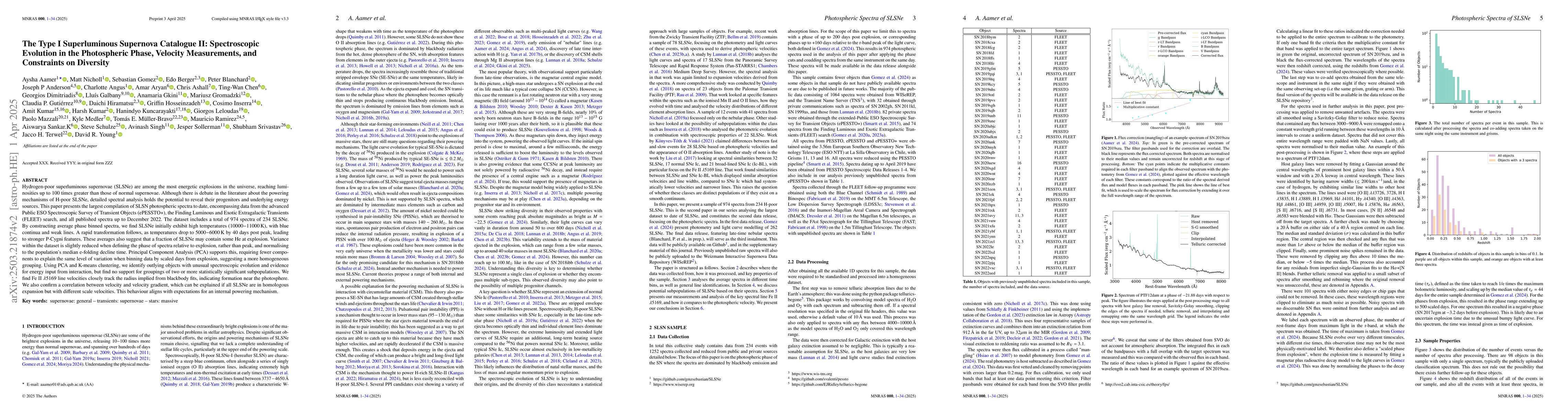 Thumbnail for The Type I Superluminous Supernova Catalogue II: Spectroscopic Evolution
  in the Photospheric Phase, Velocity Measurements, and Constraints on
  Diversity