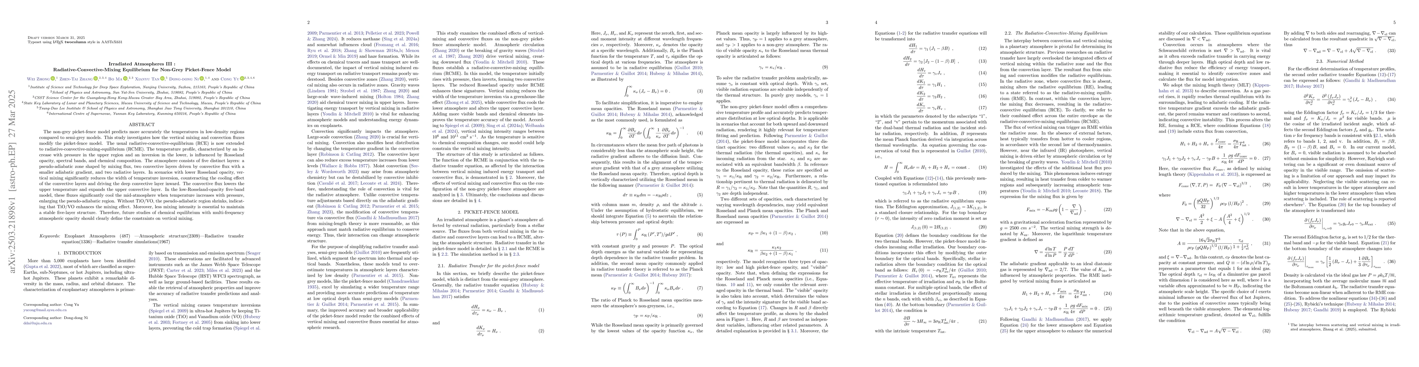 Thumbnail for Irradiated Atmospheres III : Radiative-Convective-Mixing Equilibrium for
  Non-Grey Picket-Fence Model