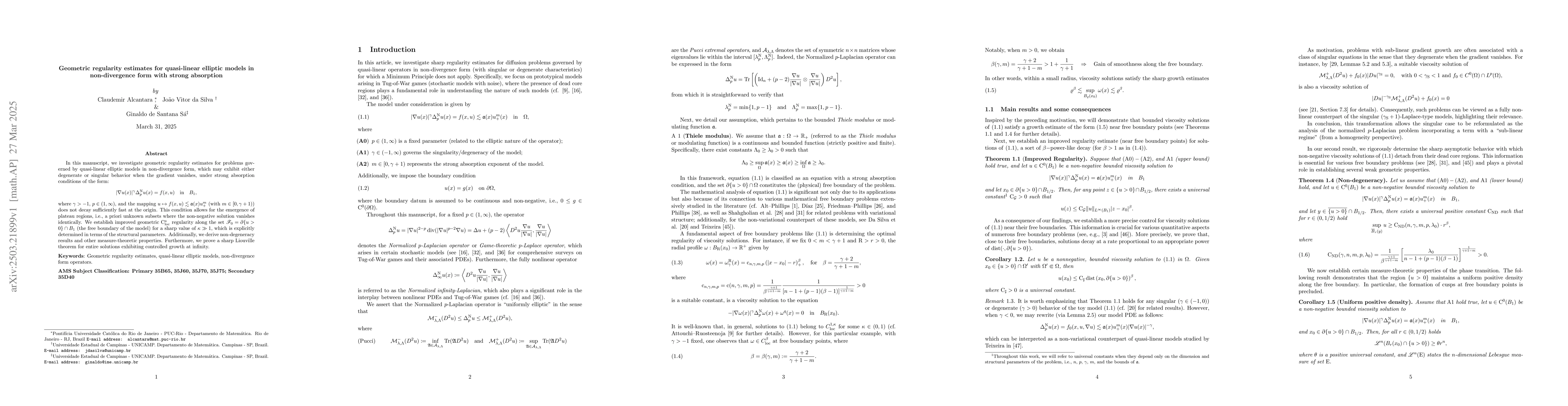 Thumbnail for Geometric regularity estimates for quasi-linear elliptic models in
  non-divergence form with strong absorption