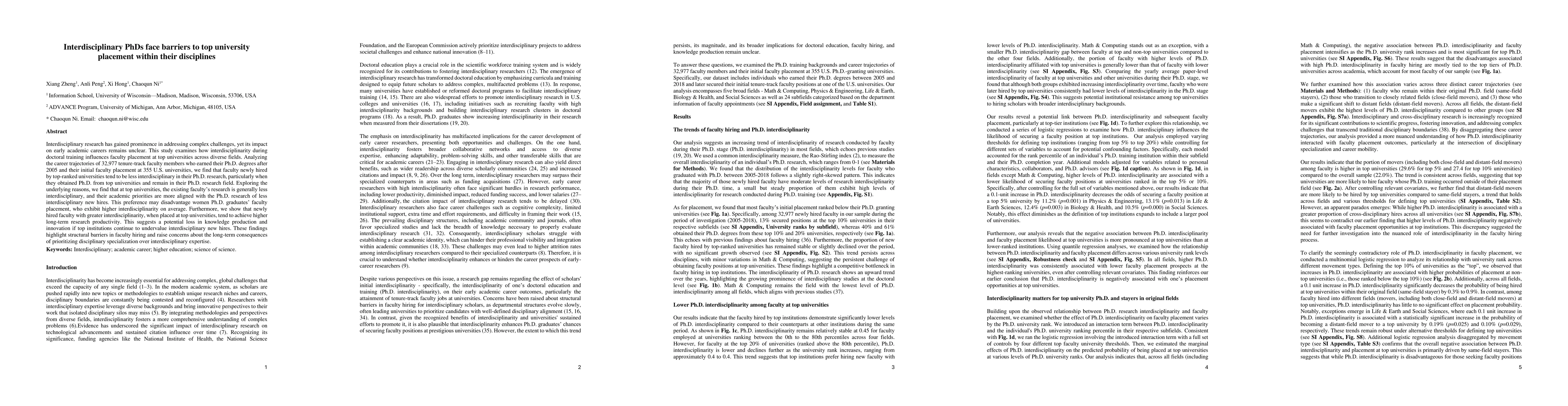 Thumbnail for Interdisciplinary PhDs face barriers to top university placement within
  their disciplines