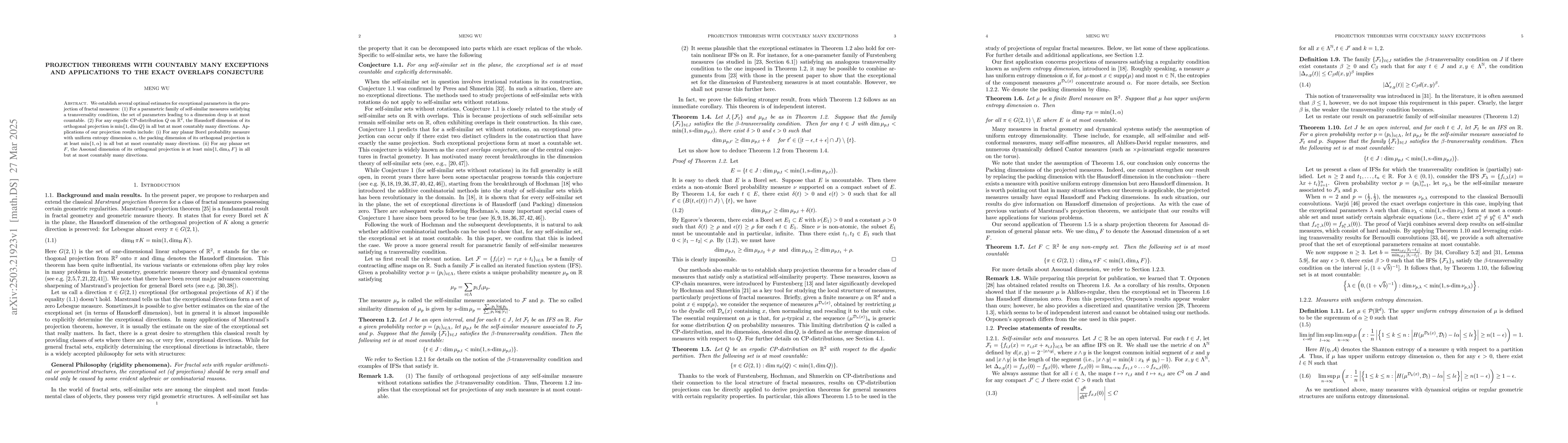 Thumbnail for Projection theorems with countably many exceptions and applications to
  the exact overlaps conjecture
