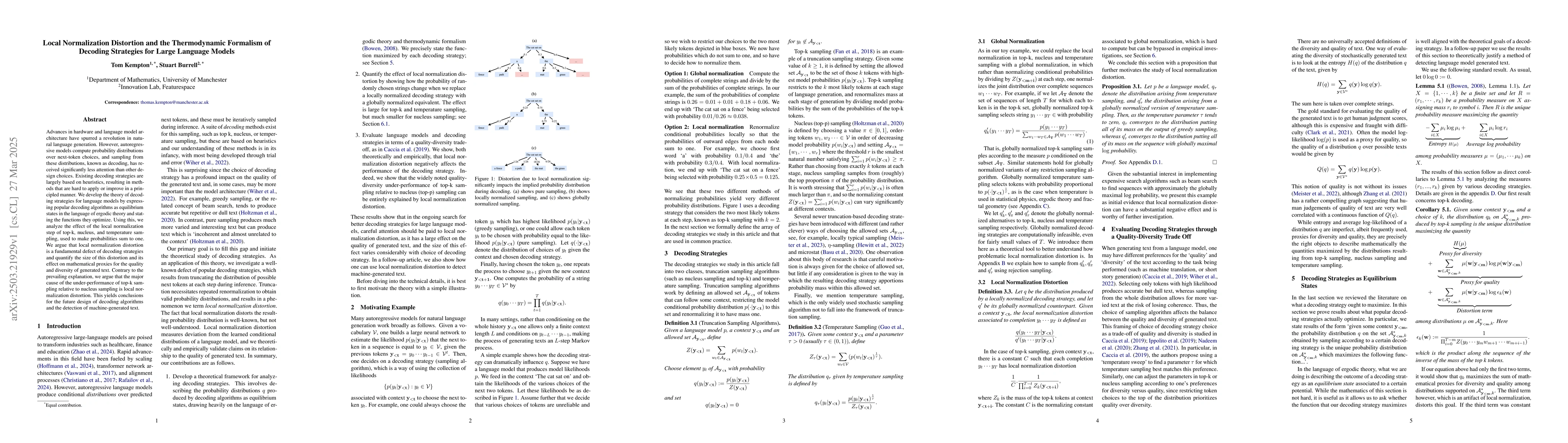 Thumbnail for Local Normalization Distortion and the Thermodynamic Formalism of
  Decoding Strategies for Large Language Models