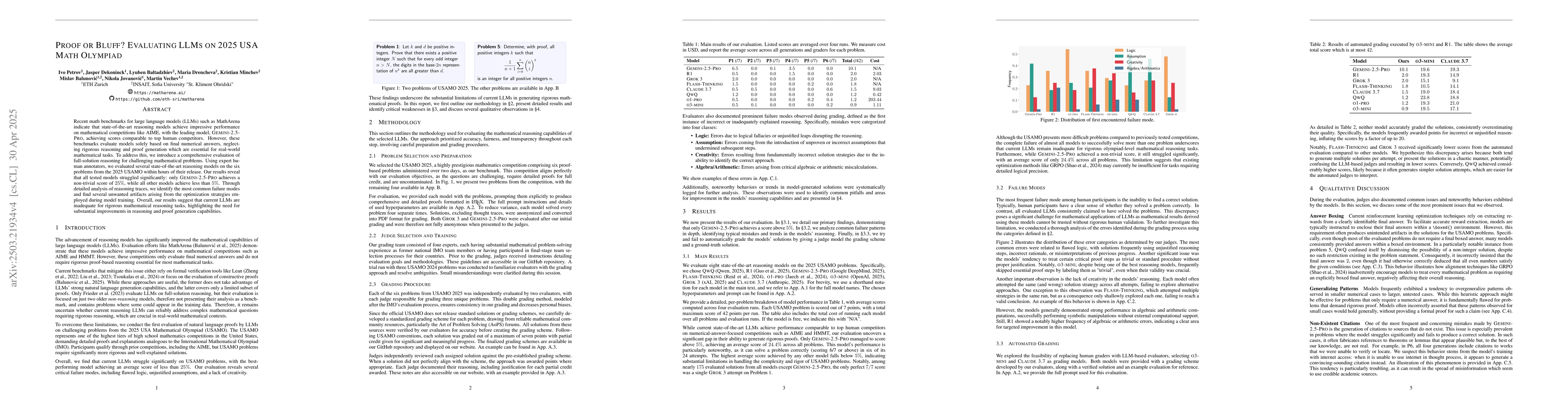 Thumbnail for Proof or Bluff? Evaluating LLMs on 2025 USA Math Olympiad