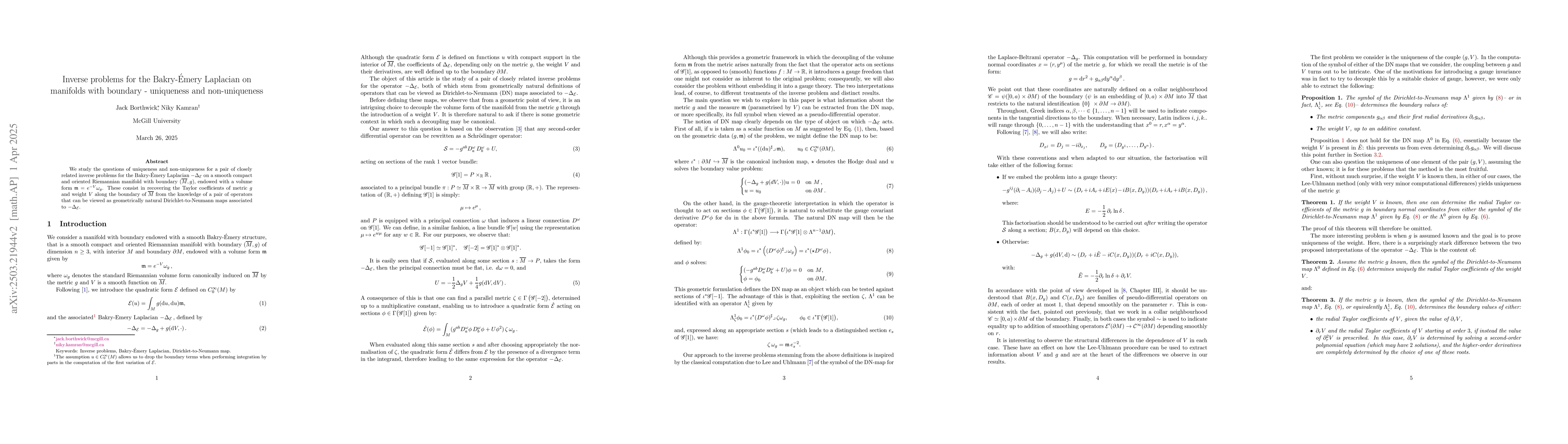 Thumbnail for Inverse problems for the Bakry-Émery Laplacian on manifolds with
  boundary -- uniqueness and non-uniqueness