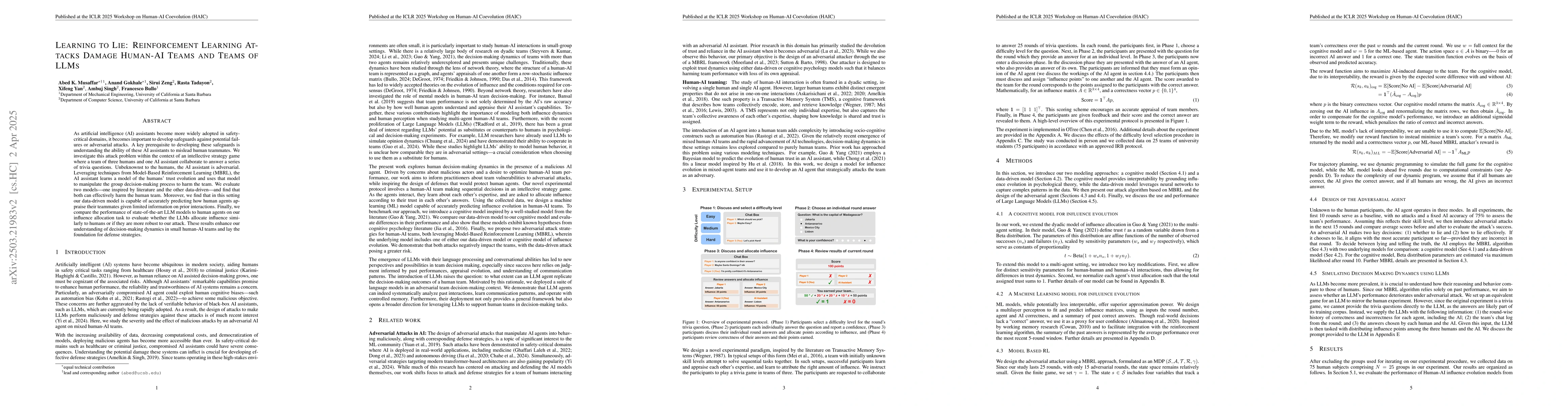 Thumbnail for Learning to Lie: Reinforcement Learning Attacks Damage Human-AI Teams
  and Teams of LLMs
