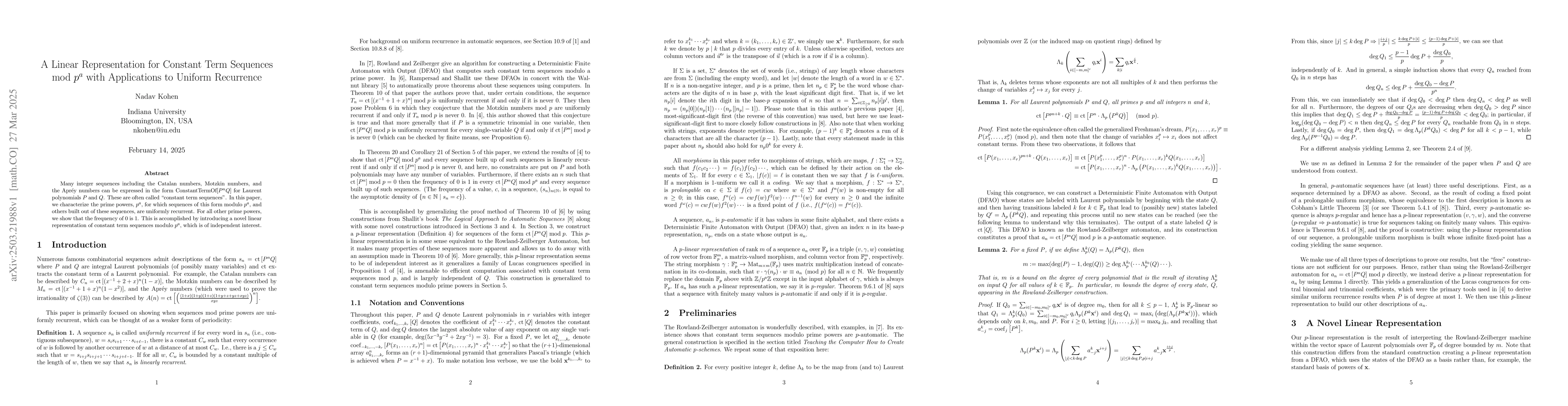 Thumbnail for A Linear Representation for Constant Term Sequences mod $p^a$ with
  Applications to Uniform Recurrence