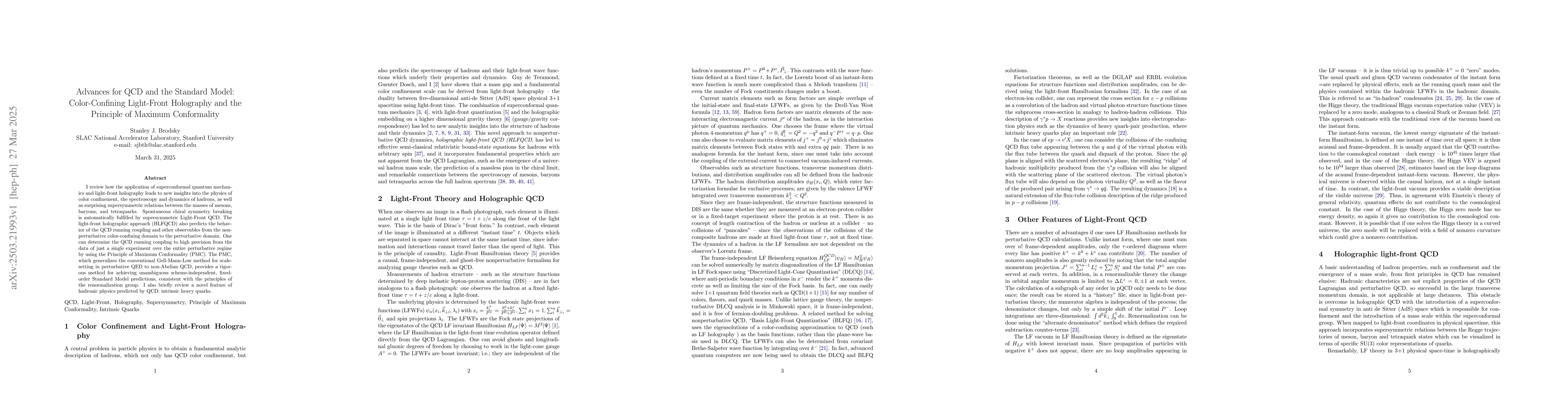 Thumbnail for Advances for QCD and the Standard Model: Color-Confining Light-Front
  Holography and the Principle of Maximum Conformality