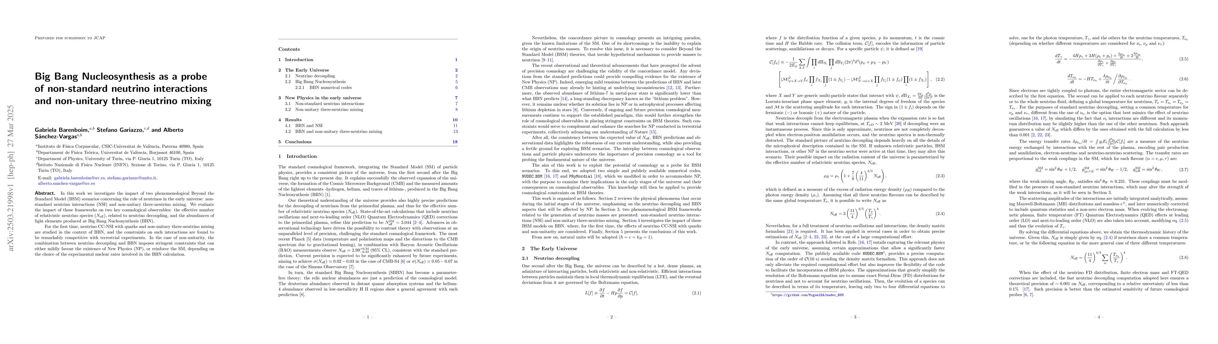Thumbnail for Big Bang Nucleosynthesis as a probe of non-standard neutrino
  interactions and non-unitary three-neutrino mixing
