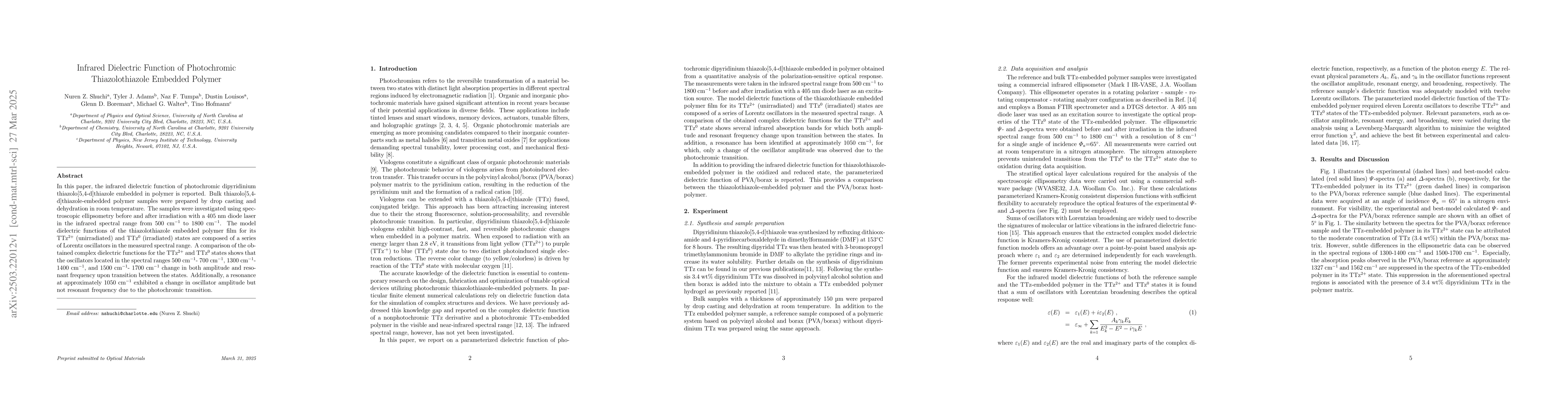 Thumbnail for Infrared Dielectric Function of Photochromic Thiazolothiazole Embedded
  Polymer