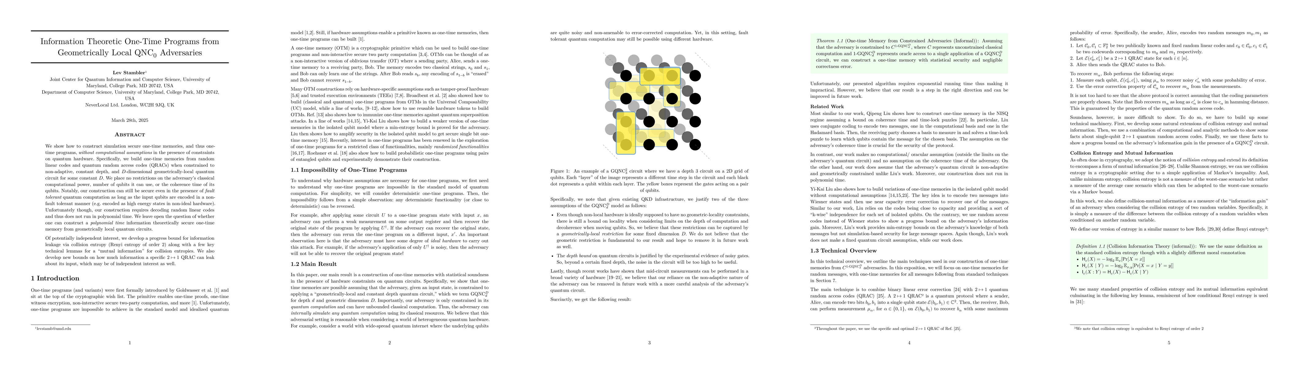 Thumbnail for Information Theoretic One-Time Programs from Geometrically Local
  $\text{QNC}_0$ Adversaries