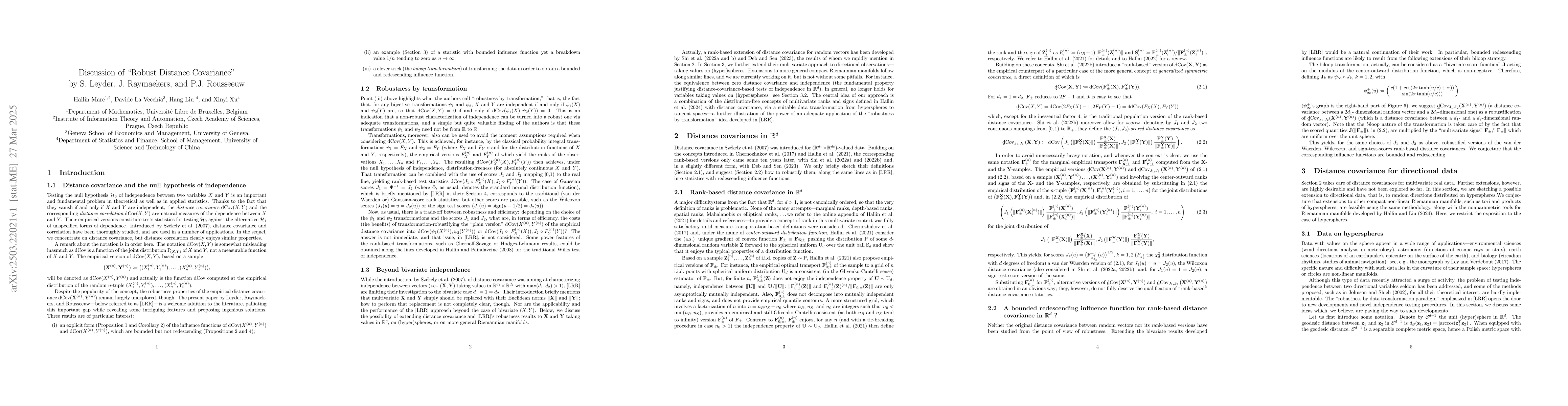 Thumbnail for Discussion of "Robust Distance Covariance" by S. Leyder, J. Raymaekers,
  and P.J. Rousseeuw