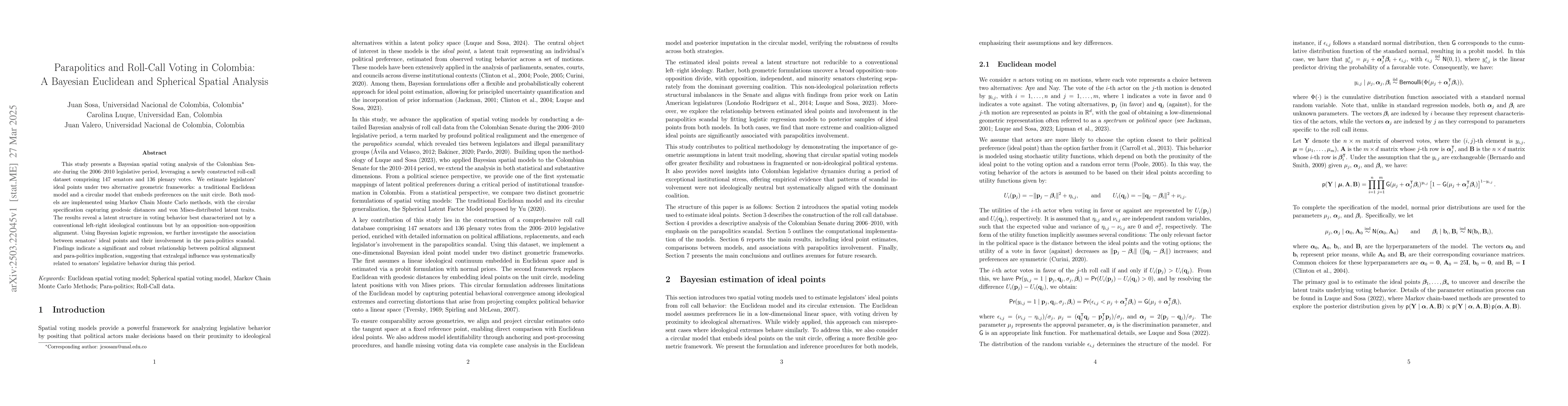 Thumbnail for Parapolitics and Roll-Call Voting in Colombia: A Bayesian Euclidean and
  Spherical Spatial Analysis