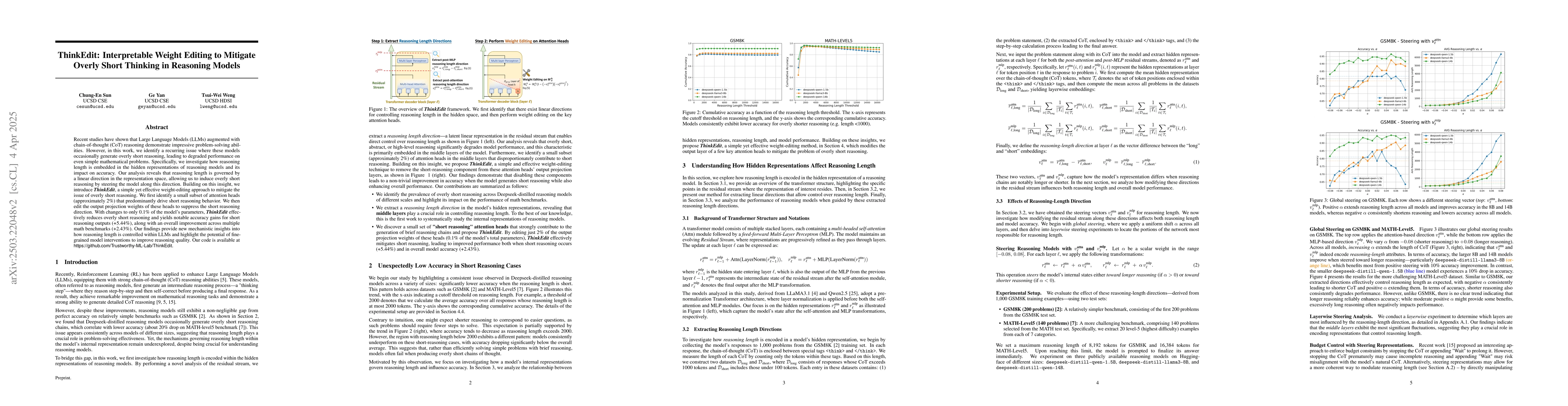 Thumbnail for ThinkEdit: Interpretable Weight Editing to Mitigate Overly Short
  Thinking in Reasoning Models
