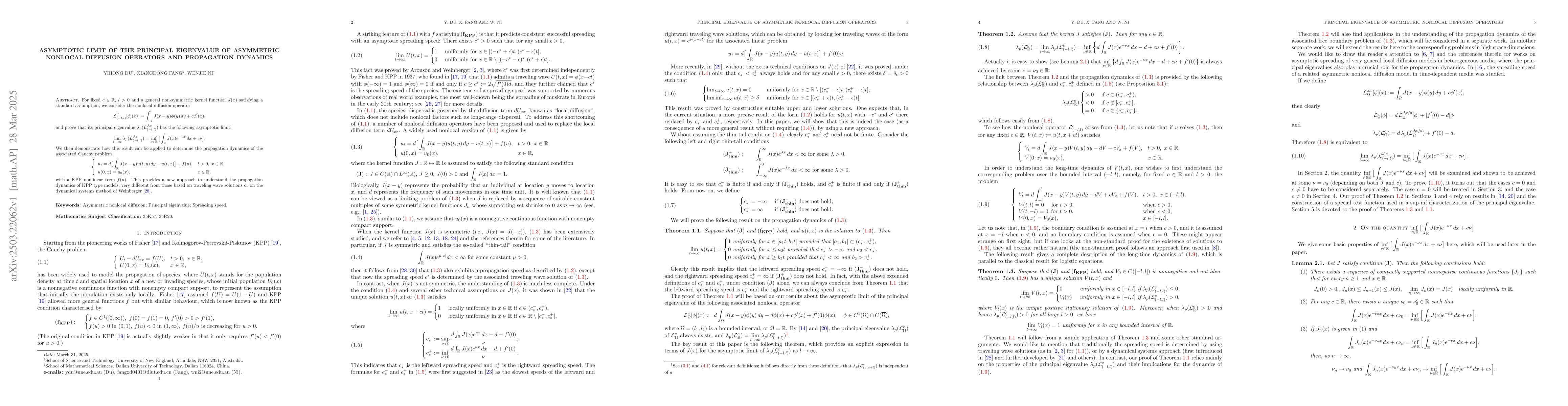 Thumbnail for Asymptotic limit of the principal eigenvalue of asymmetric nonlocal
  diffusion operators and propagation dynamics