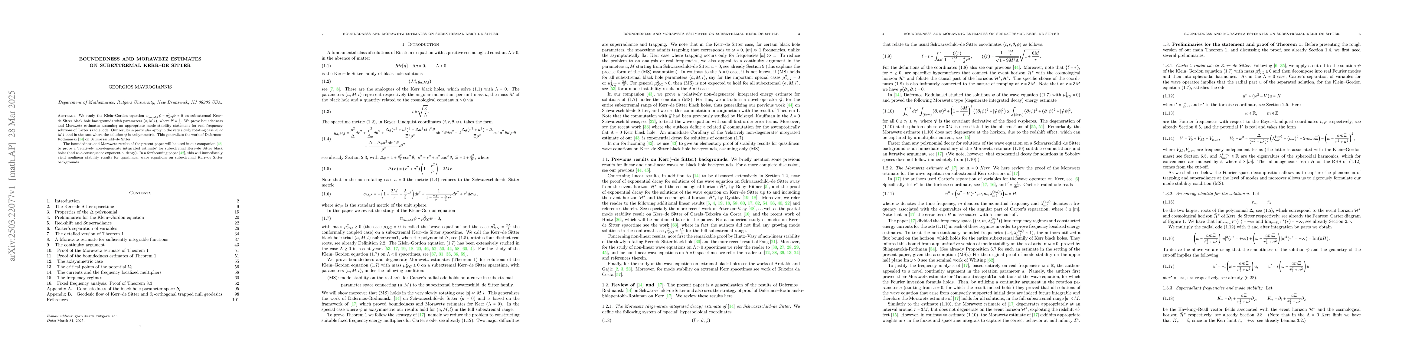 Thumbnail for Boundedness and Morawetz estimates on subextremal Kerr de Sitter