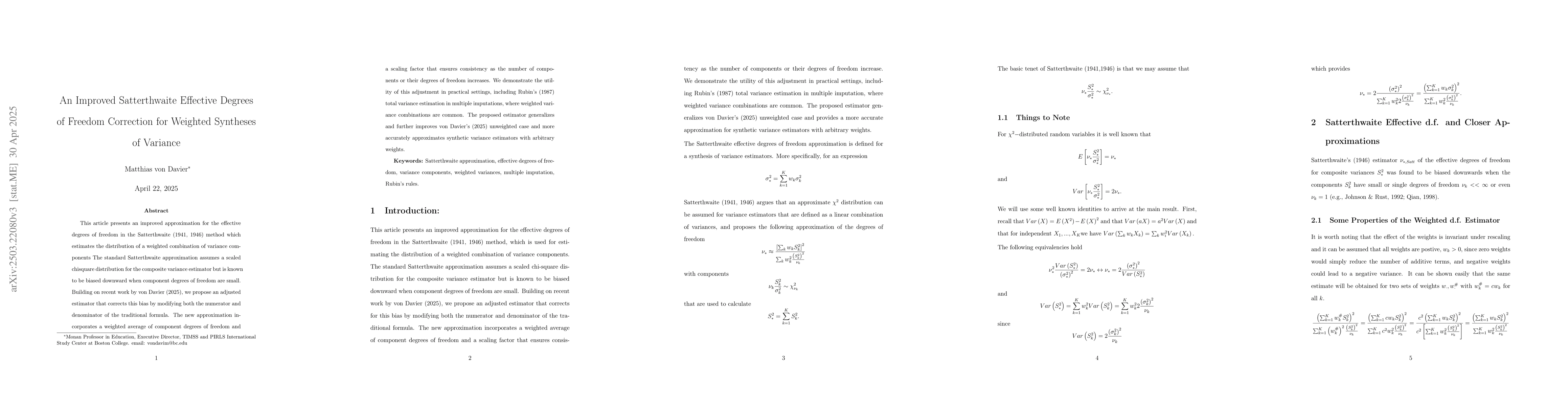 Thumbnail for An Improved Satterthwaite Effective Degrees of Freedom Correction for
  Weighted Syntheses of Variance