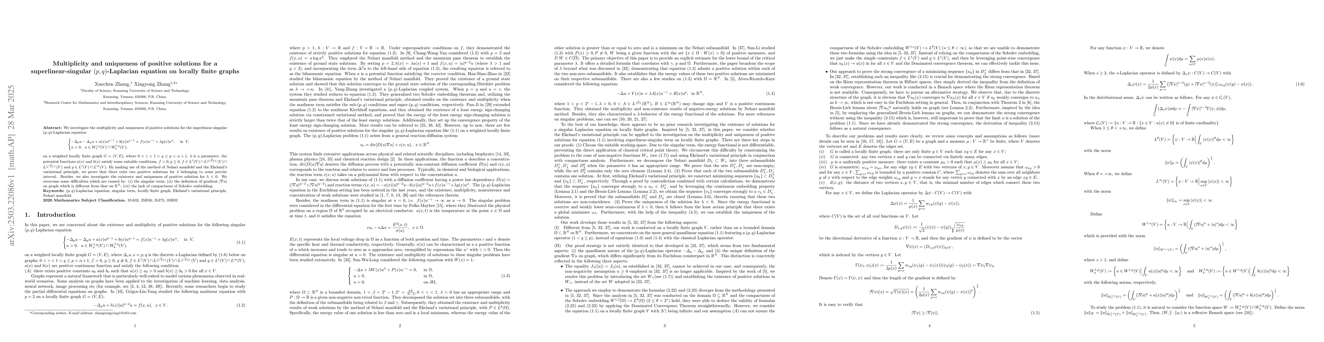 Thumbnail for Multiplicity and uniqueness of positive solutions for a
  superlinear-singular $(p,q)$-Laplacian equation on locally finite graphs