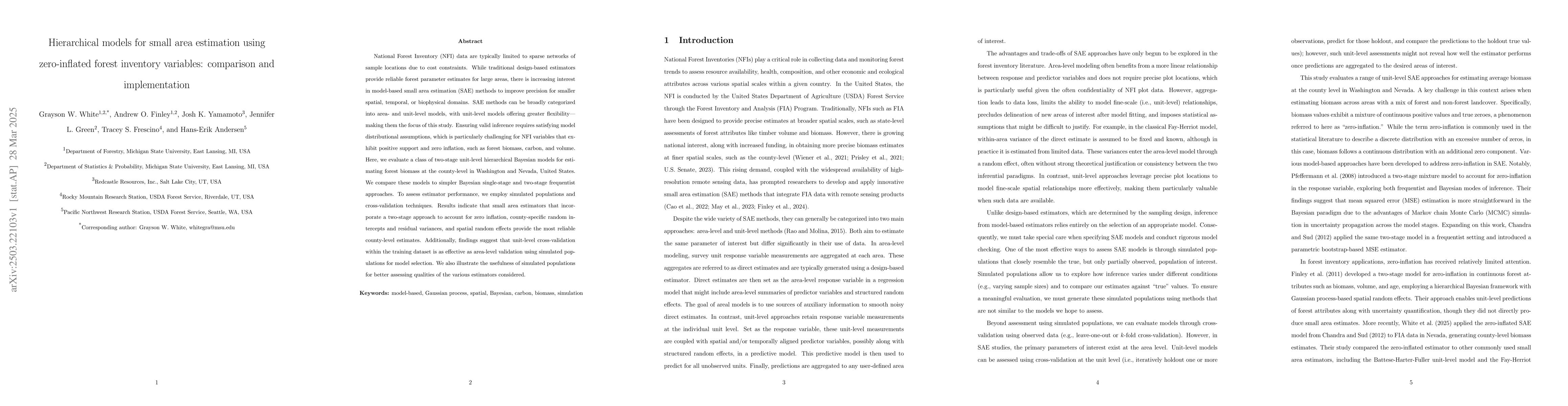 Thumbnail for Hierarchical models for small area estimation using zero-inflated forest
  inventory variables: comparison and implementation