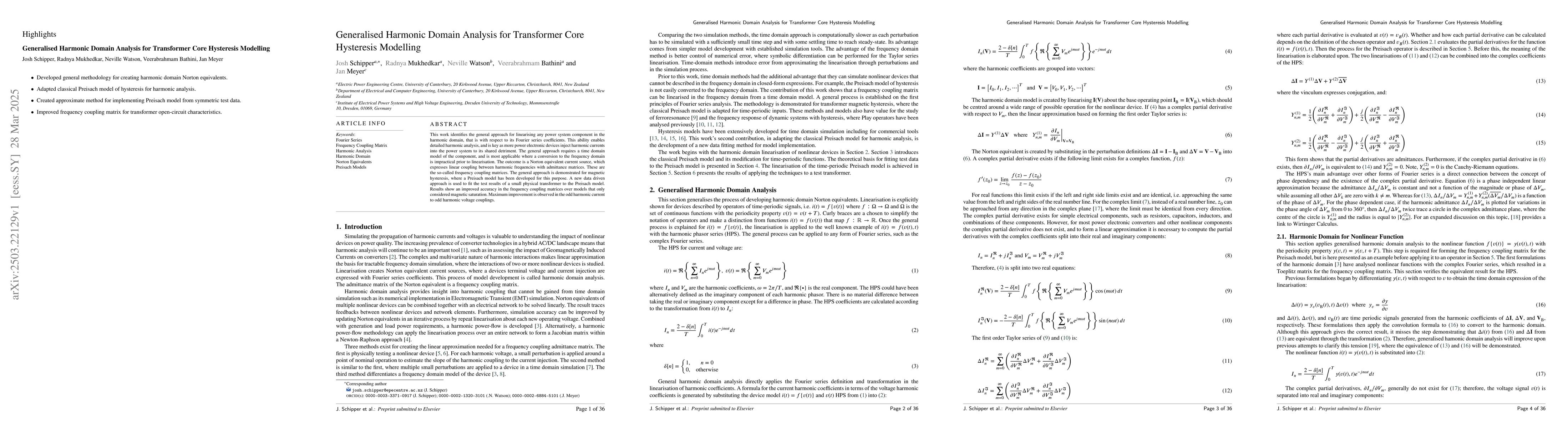 Thumbnail for Generalised Harmonic Domain Analysis for Transformer Core Hysteresis
  Modelling