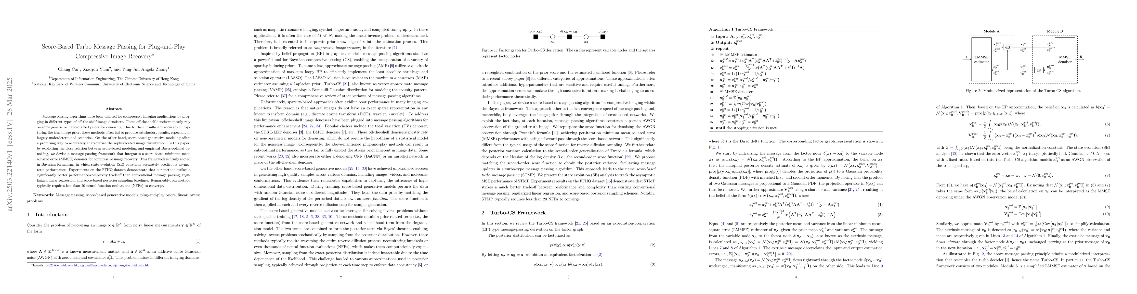 Thumbnail for Score-Based Turbo Message Passing for Plug-and-Play Compressive Image
  Recovery