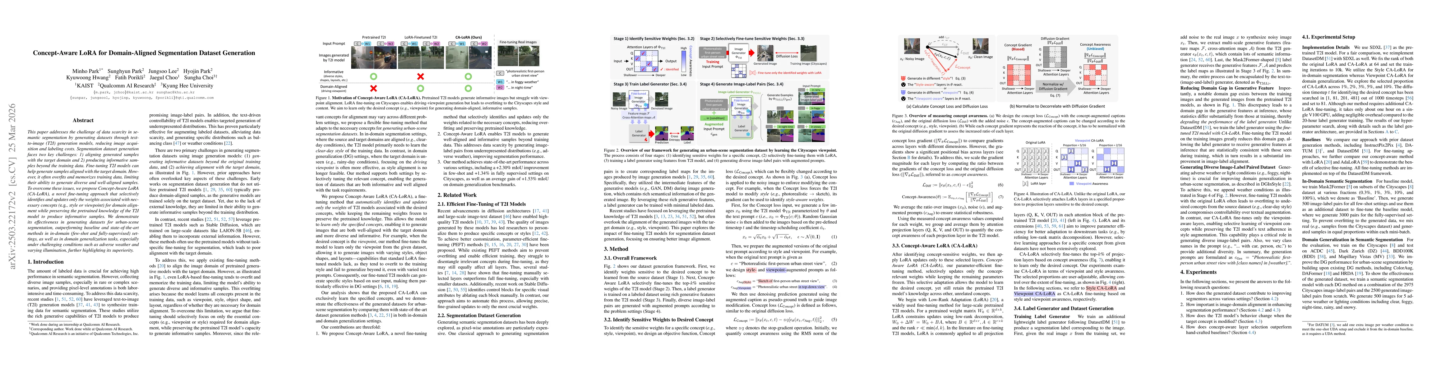 Thumbnail for CA-LoRA: Concept-Aware LoRA for Domain-Aligned Segmentation Dataset Generation