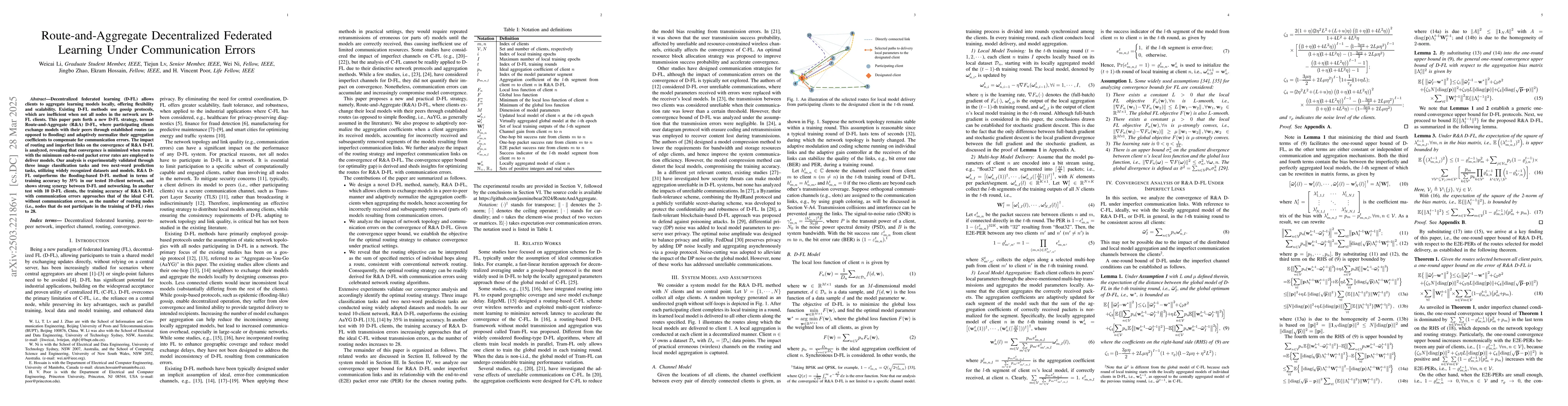 Thumbnail for Route-and-Aggregate Decentralized Federated Learning Under Communication
  Errors