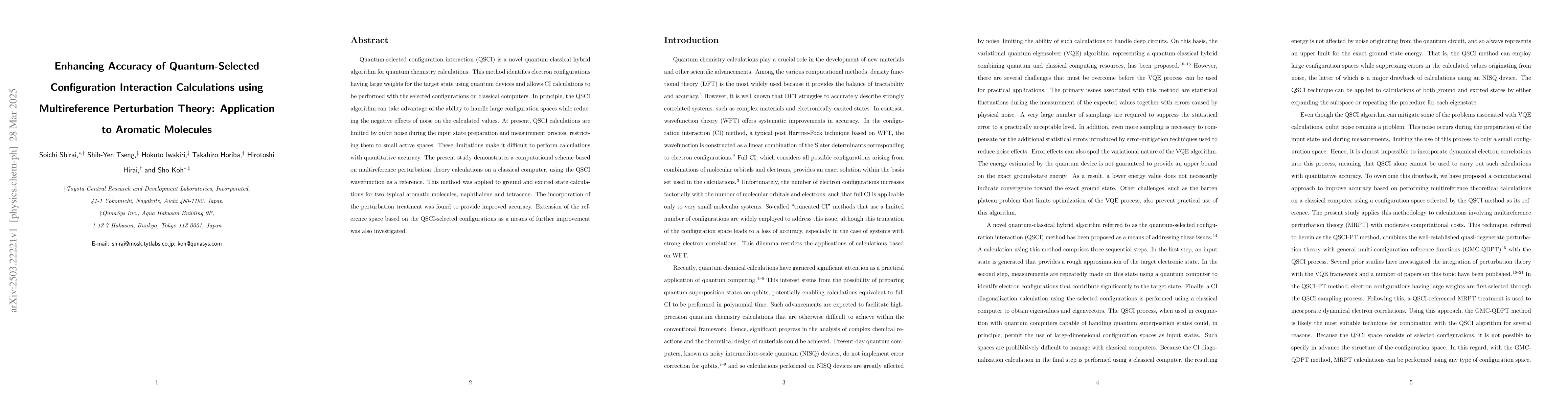 Thumbnail for Enhancing Accuracy of Quantum-Selected Configuration Interaction
  Calculations using Multireference Perturbation Theory: Application to
  Aromatic Molecules