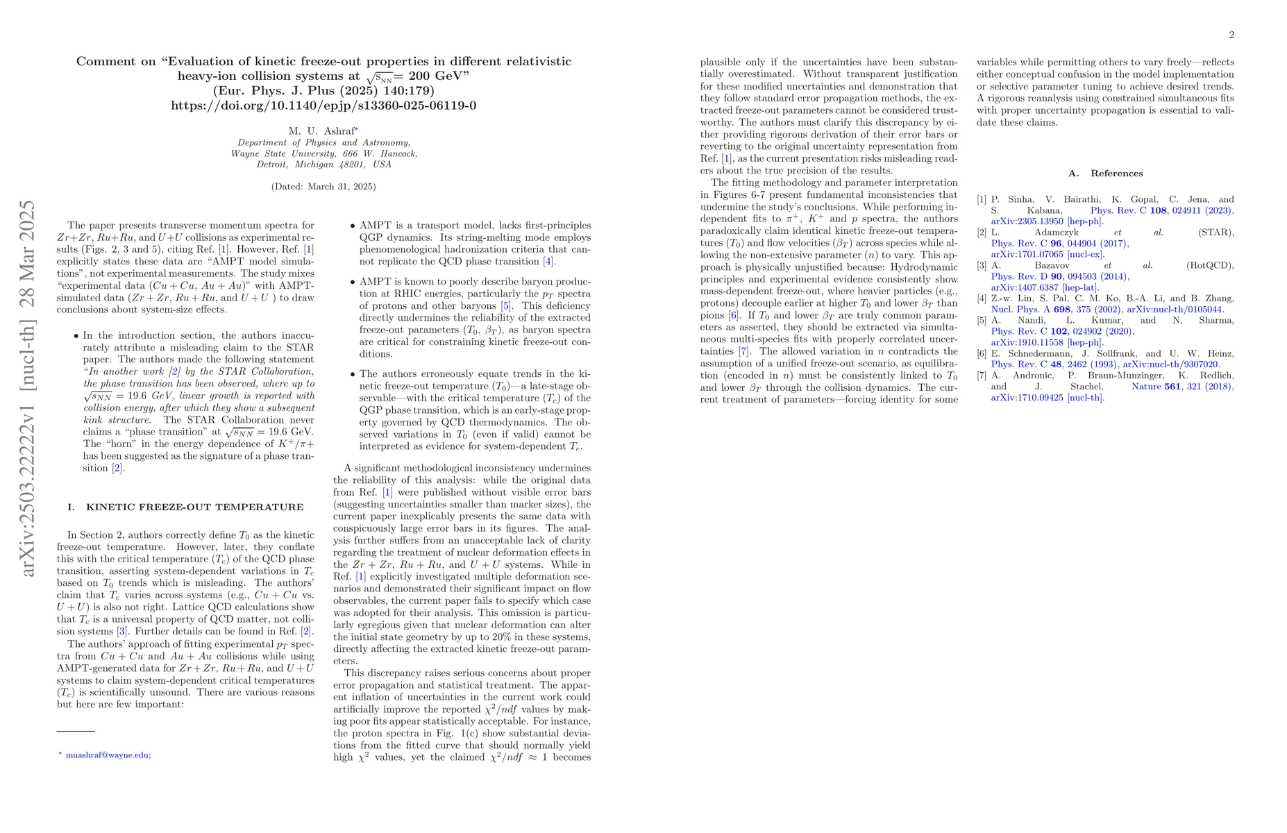 Thumbnail for Comment on "Evaluation of kinetic freeze-out properties in different
  relativistic heavy-ion collision systems at \sqrtsNN = 200 GeV'' (Eur. Phys.
  J. Plus (2025) 140:179) https://doi.org/10.1140/epjp/s13360-025-06119-0