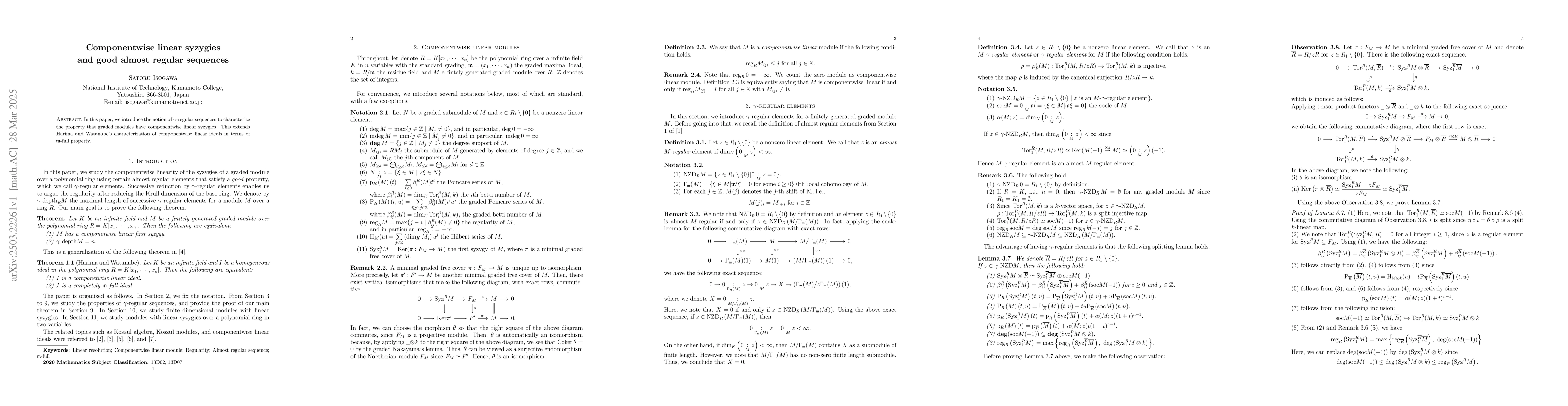 Thumbnail for Componentwise linear syzygies and good almost regular sequences