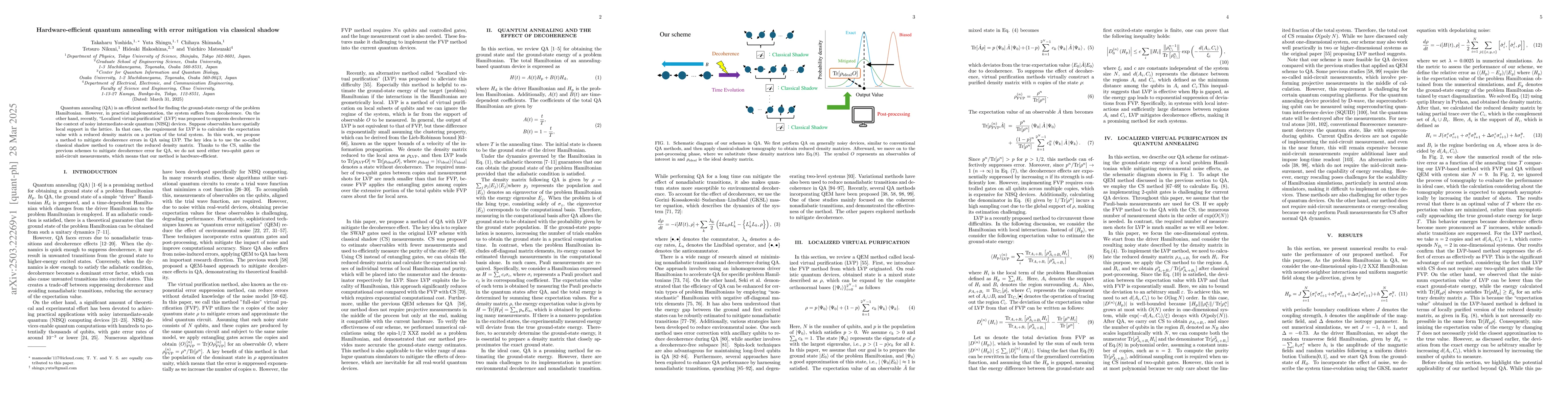 Thumbnail for Hardware-efficient quantum annealing with error mitigation via classical
  shadow