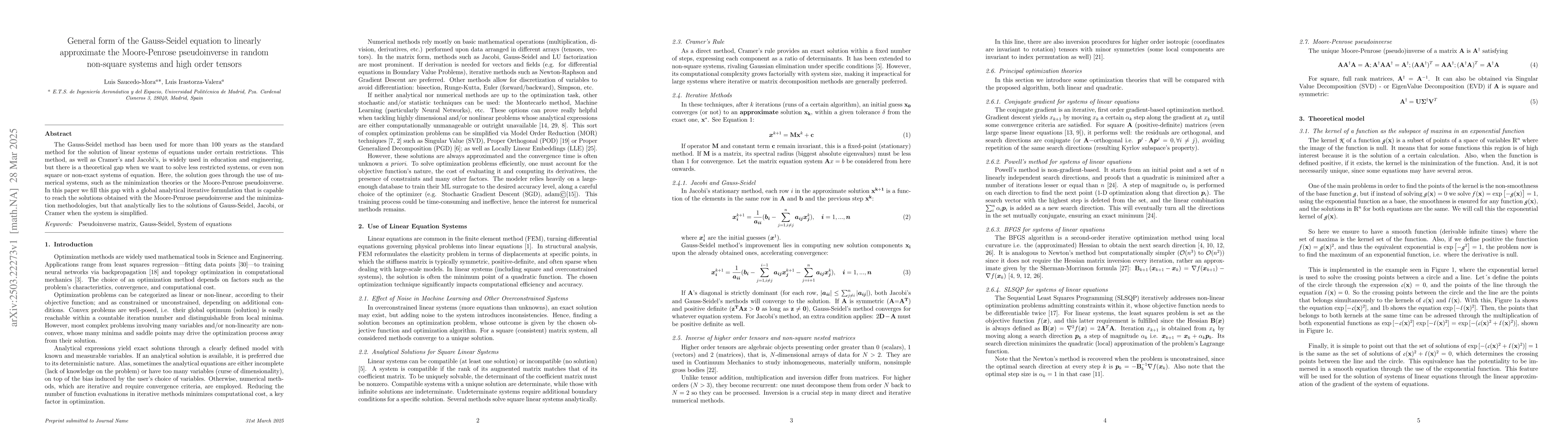 Thumbnail for General form of the Gauss-Seidel equation to linearly approximate the
  Moore-Penrose pseudoinverse in random non-square systems and high order
  tensors