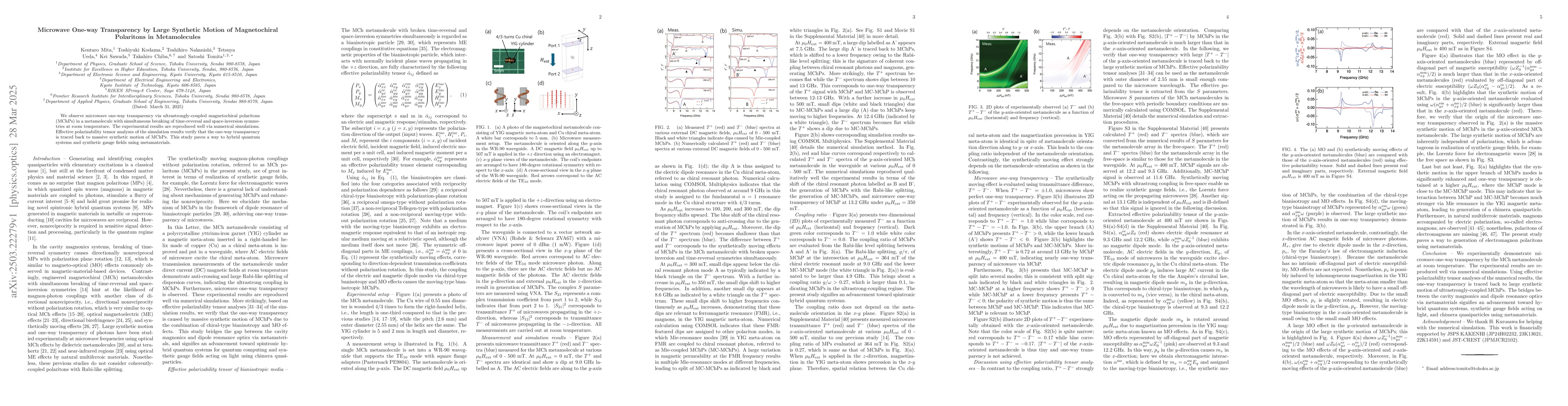 Thumbnail for Microwave One-way Transparency by Large Synthetic Motion of
  Magnetochiral Polaritons in Metamolecules