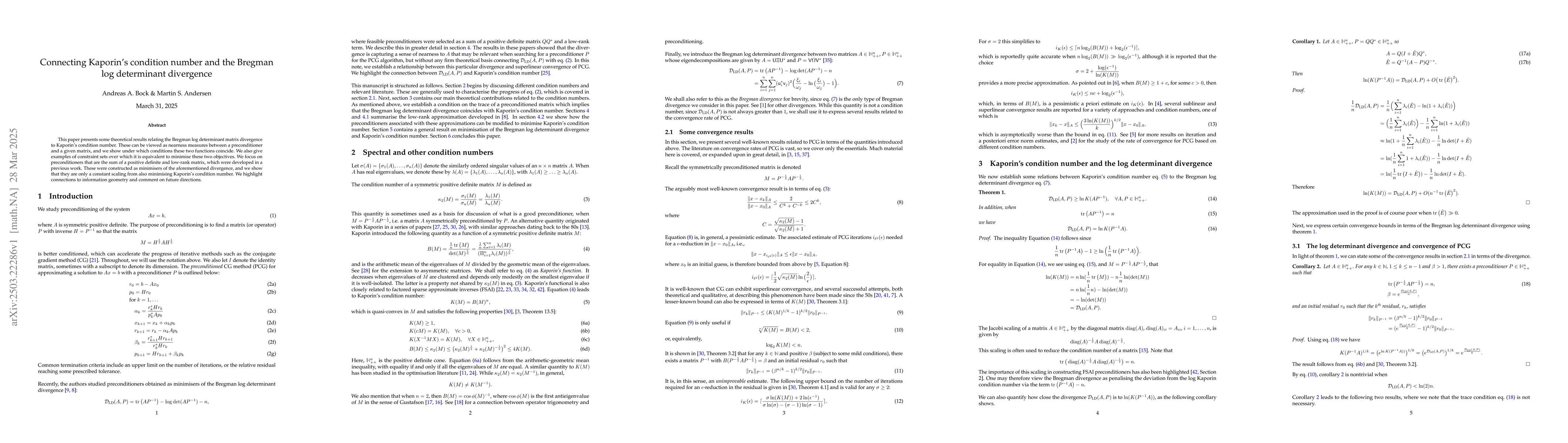 Thumbnail for Connecting Kaporin's condition number and the Bregman log determinant
  divergence